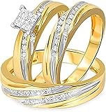Princess Cut White Diamond 925 Sterling Silver 14K Yellow Gold Finish Engagement/Wedding Trio Ring Set for Him & Her (9.5)