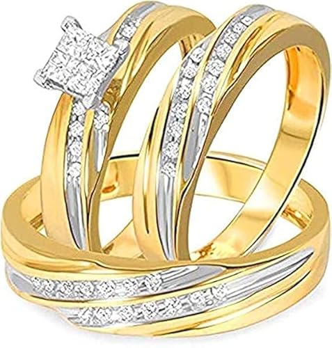 Princess Cut White Diamond 925 Sterling Silver 14K Yellow Gold Finish Engagement/Wedding Trio Ring Set for Him & Her (9.5)
