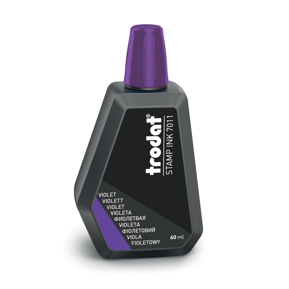 Trodat 7011 60ml Purple Ink Bottle for Refilling Pads or Bearings, Water Based Ink for Stamping Documents, Clean and Sharp Footprints, Resealable Cap