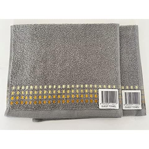 Jansons Direct Linens 2 x 100Percent Cotton Guest Size Towel In Grey with Yellow Shades of Stitch Design 30cm x 50cm Cover