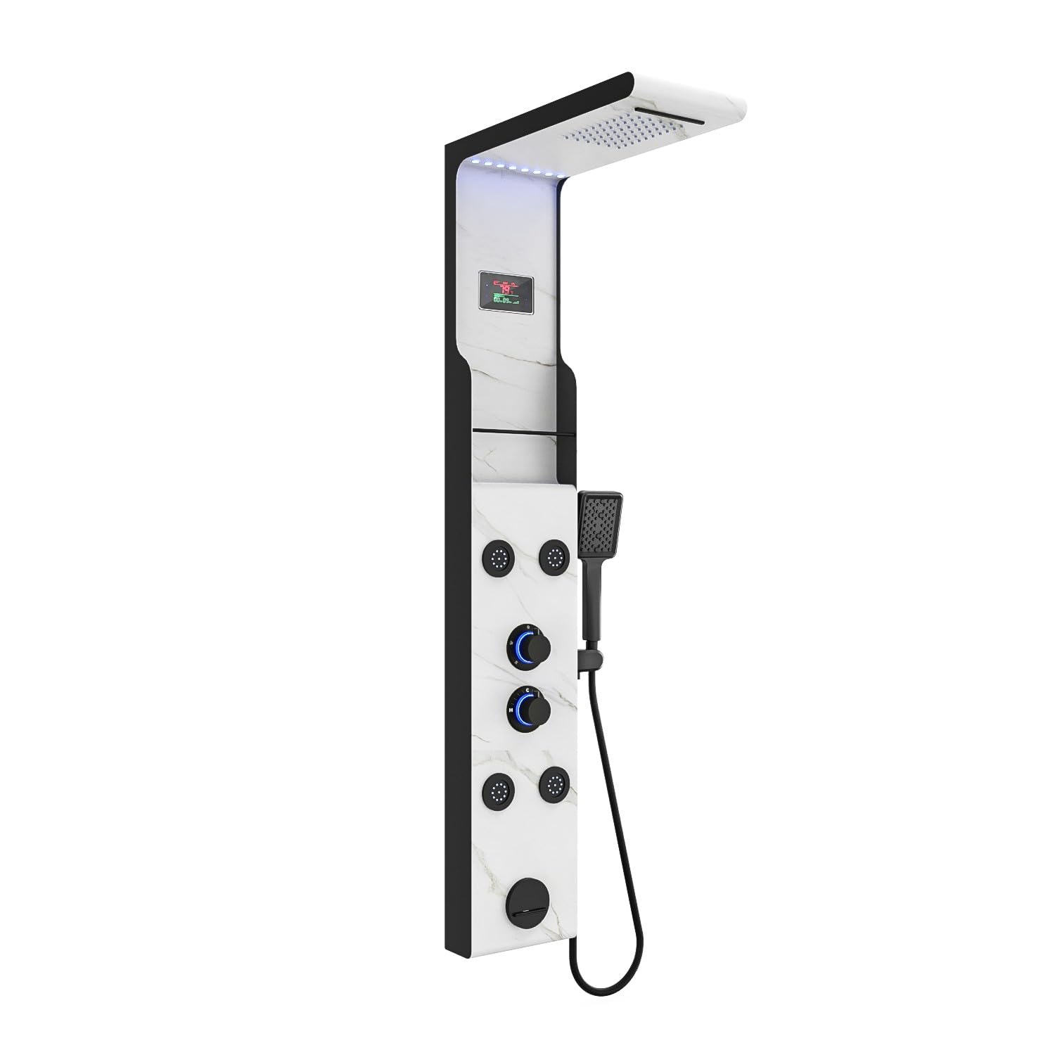 ELLO&ALLO LED Rainfall Shower Head and Rain Massage System with Body Jets Stainless Steel Bathroom Shower Panel Tower System with Shelf, Marble&Black