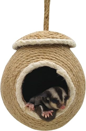 Sugar Glider House - Cabaña de cuerda de cáñamo con cáscara de coco natural, nido para planeador de azúcar, hámster, ardilla, periquito de pájaro,