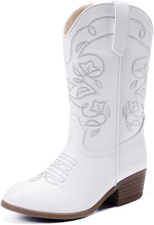 Girls Cowboy Boots Embroidered Mid Calf Zipper Pointed Toe Cowgirl Boots for Little Big Kids Party Country Horse Riding