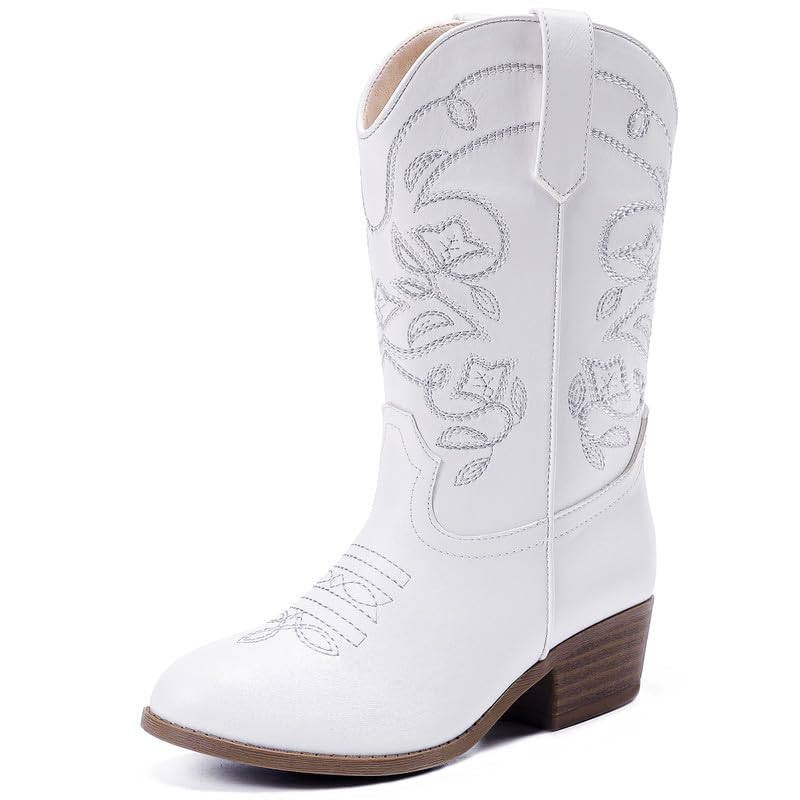 Girls Cowboy Boots Embroidered Mid Calf Zipper Pointed Toe Cowgirl Boots for Little Big Kids Party Country Horse Riding