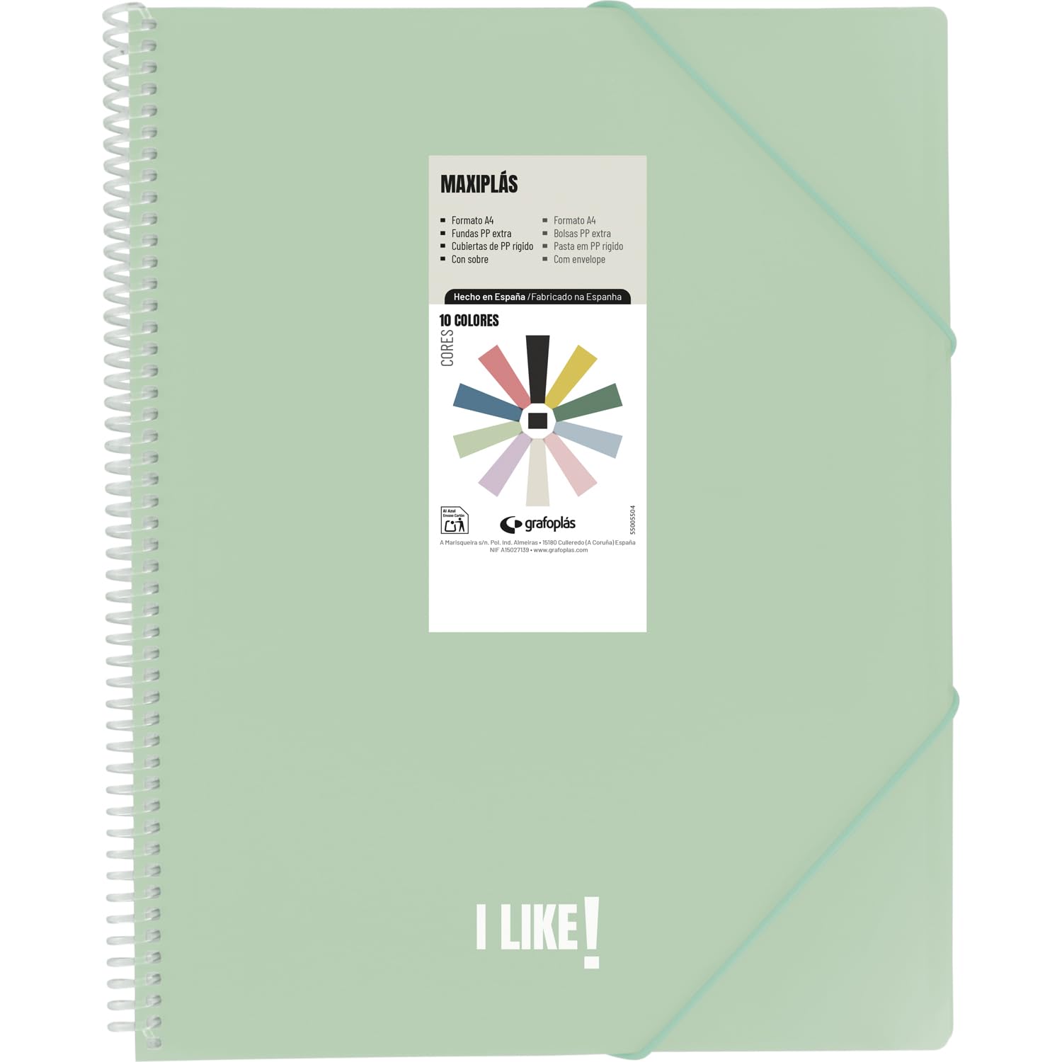 Grafoplas - Plastic A4 Folders, Maxiplas Like, Light Green, 40 Transparent Sleeves, PVC Spiral, Perfect for Archiving School and Office Supplies