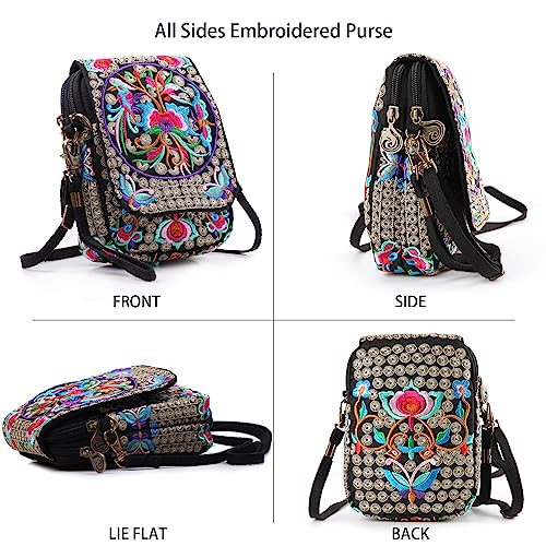 Embroidery Flowers Canvas Crossbody Bag, Women Messenger Bag, Cellphone Pouch Purse - Thumbnail 3