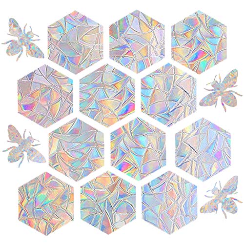Image of STICKERGURU 16 Pieces Hexagons and Bee Window Clings - Anti-Collision Window Decals to Save Birds from Window Collisions,Non Adhesive Prismatic Vinyl Window Clings, Rainbow Stickers, Bright,rainbow