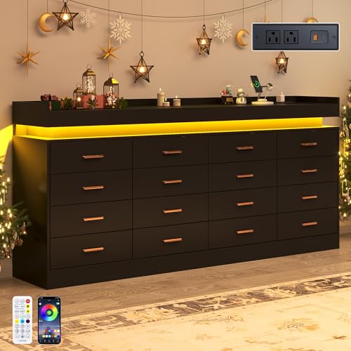 Image of jiteentarou 16 Drawer Dresser with Charging Station and LED Lights, Modern Chest of Drawers with Power Outlet, Organizer Cabinet for Bedroom, Living Room, Entryway, Black