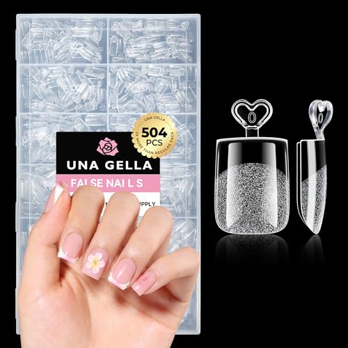 Image of UNA GELLA Extra Short Square Nail Tips 504PCS - XS Sharp Square Pre-Etched Soft Gel Full Cover Acrylic False Nails, Press On Nails for French Style DIY Salon at Home, 12 Sizes