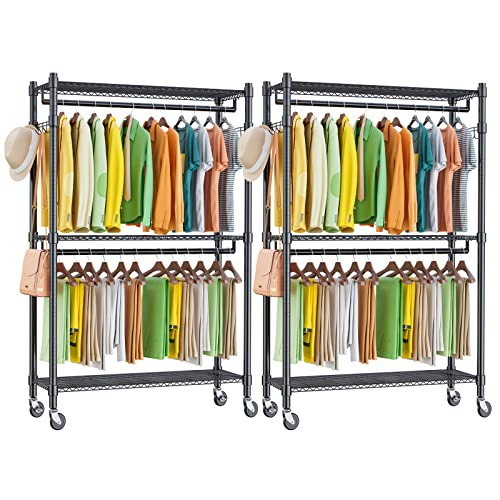 Homdox Double Rod Closet 3 Shelves Wire Shelving Clothing Rolling Rack Heavy Duty Garment Rack with Wheels and Side Hooks, 2-Pack
