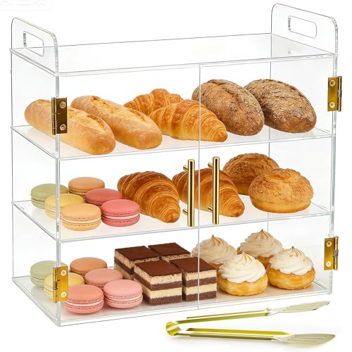 Acryvic Vitrina de 3 bandejas para encimera de panadería con puerta automática elástica, 49.5cm x 26cm x 38cm, vitrina acrílica transparente para repostería de pan, postres, galletas