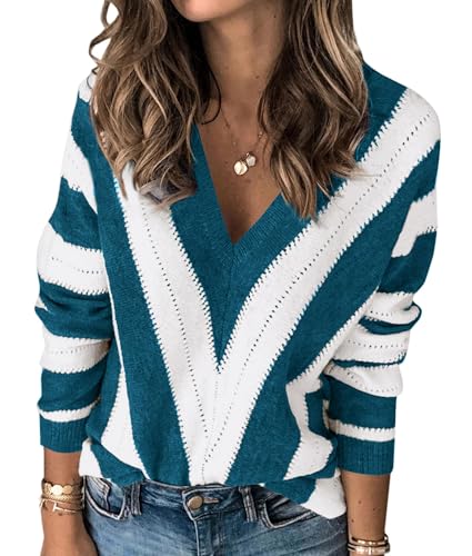 PRETTYGARDEN Sweaters for Women 2025 Long Sleeve Striped Knitted V Neck Pullover Jumper Tops Fall Outfits Fashion Clothing