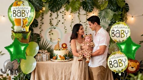 Image of Propsicle Jungle Safari Animal Theme Welcome Home Baby Hot Air Foil Balloons (Set of 5 pcs.) | Jungle Animal Theme Decorations for Baby Showers & Newborn Celebrations