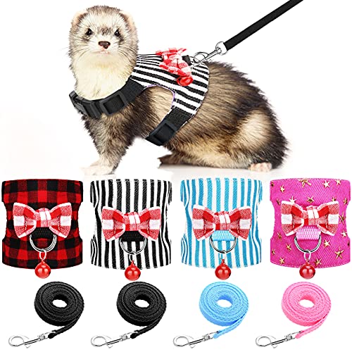4 Pieces Small Pet Harness Vest and Leash Set with Cute Bowknot and Safe Bell Decor Chest Strap Harness for Outdoor Walking Rabbit Ferret Guinea Pig Bunny Hamster Puppy Kitten (Small)