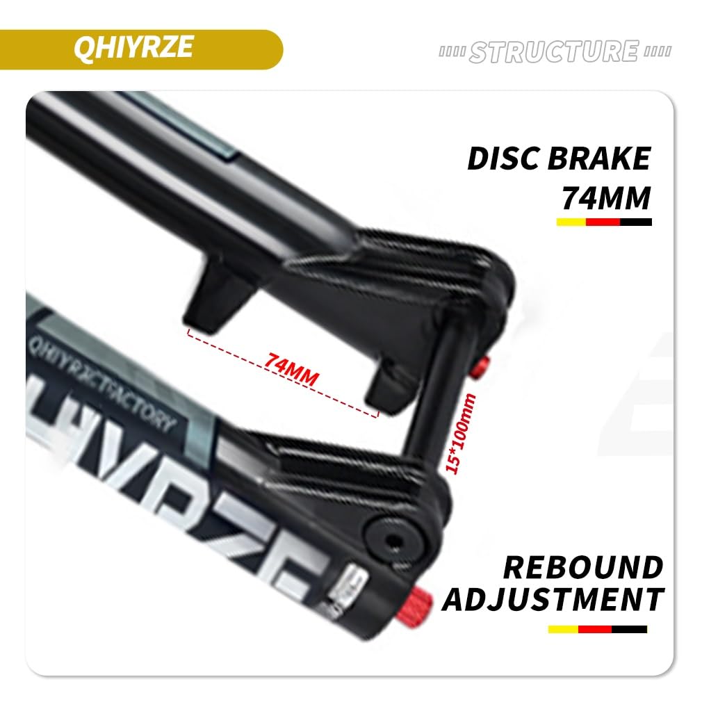 Horquilla de Bicicleta de montaña con suspensión neumática de 26/27,5/29", Recorrido de 160 mm, Eje pasante Delantero de 15x100 mm, Negra, Tubo de dirección cónico de 1-1/2", ajust