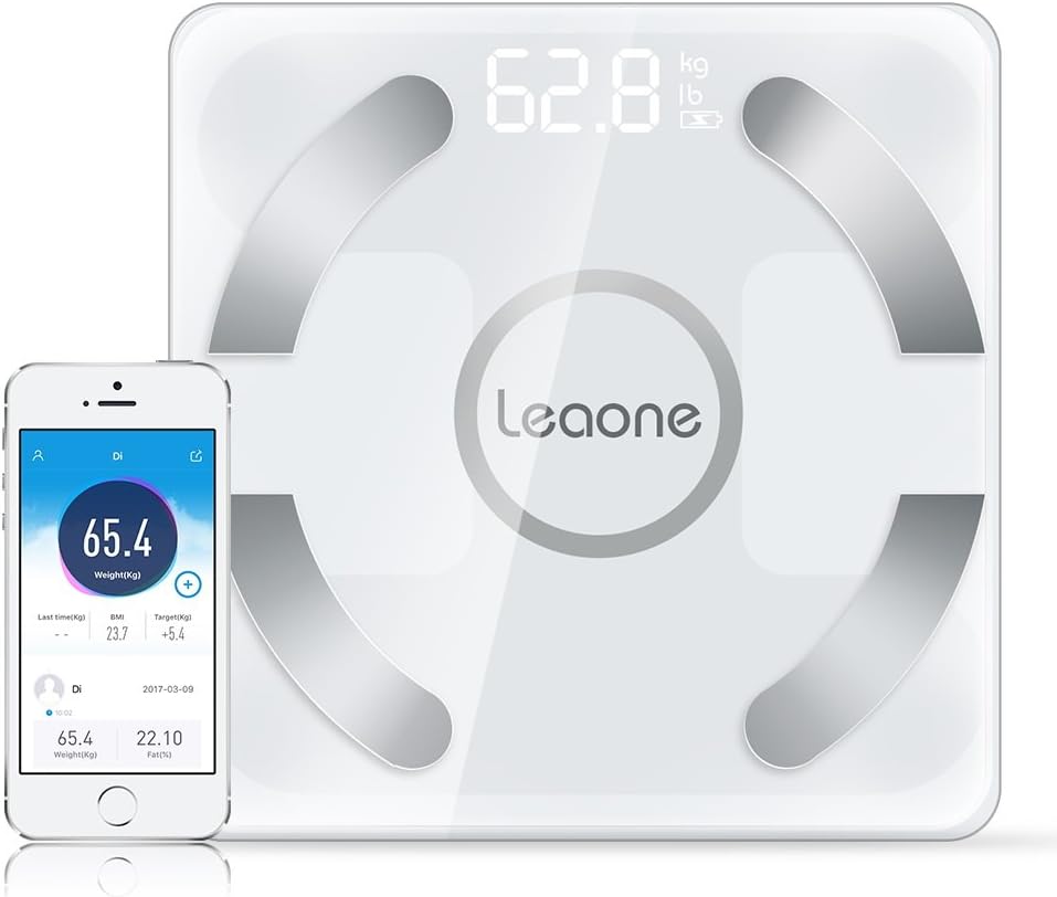 Leaone Body Fat Scale Blue LCD Display, Smart Bluetooth Digital BMI Weight Scale, Body Composition Analyzer Health Monitor, 28x28cm with 6mm Tempered Glass with Smartphone App, Support 400 lbs, Black