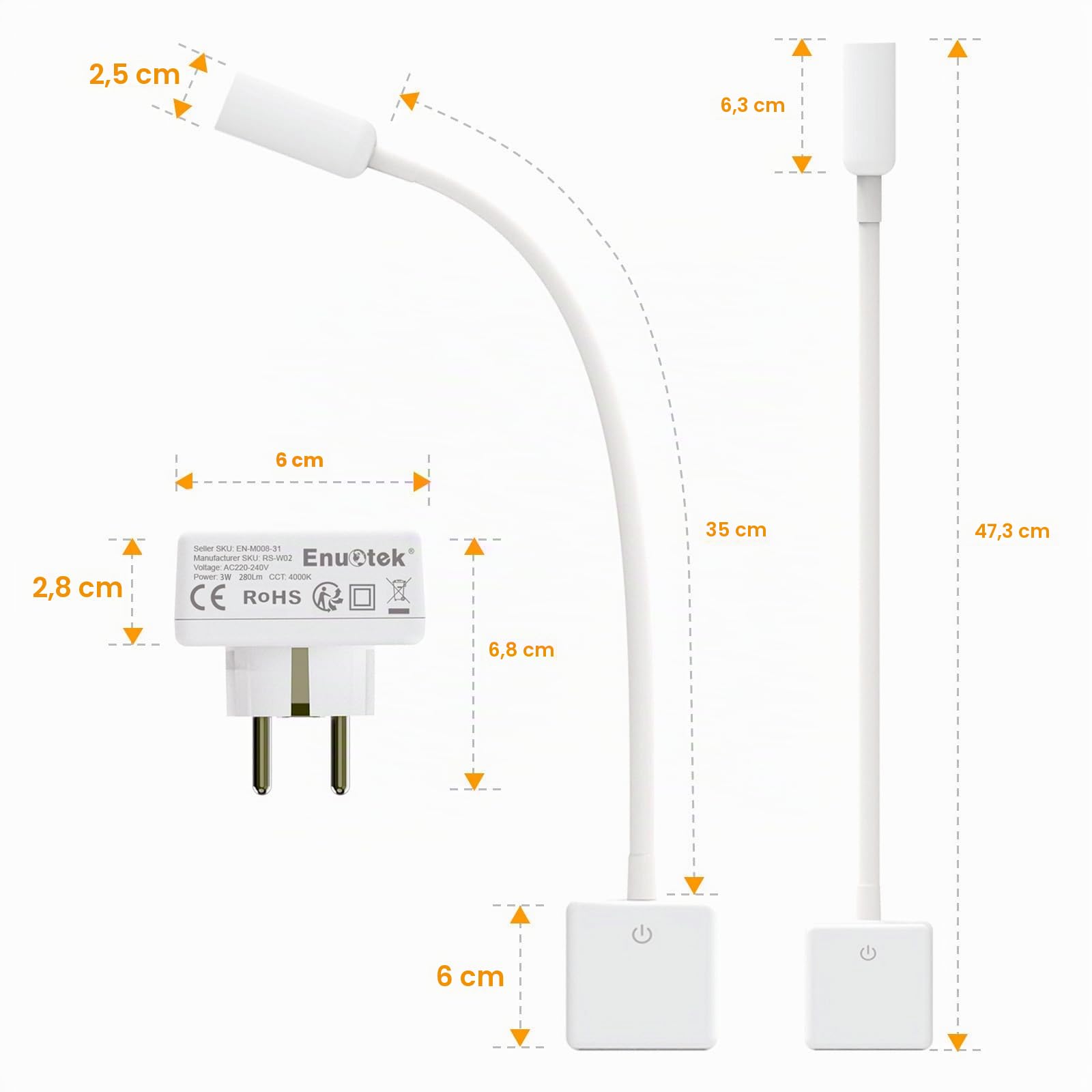 ENUOTEK Lampe de Applique Murale Chambre Chevet de Lecture LED Flexible Blanc avec Prise de Courant, Interrupteur Tactile Dimmable Luminosité 3W 280Lm, Eclairage Blanc Neutre 4000K | Flexible, Prise de Courant, Interrupteur Tactile Dimmable, 3W 280Lm, Bla