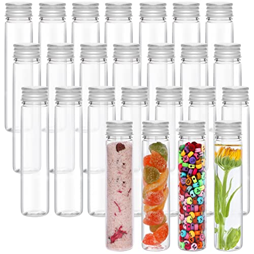 Kurtzy Tubos de Ensayo Plastico Transparente, Tapa con Rosca y Cepillo (Juego de 25) 75 ml - Probetas Plastico Reutilizable para Golosinas, Fiesta de Ciencias, Líquidos, Sal de Baño, Cuentas