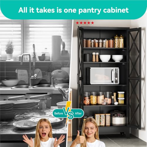 Image of Metal Storage Cabinet with Glass Doors and Adjustable Shelves | 71 inch Tall Pantry Cabinet for Kitchen Dining Room Bathroom Garage,Black,1 Pce