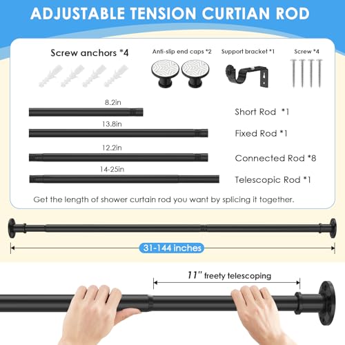 Image of Outdoor Curtain Rod 31-144 inch Adjustable Long Spring Black ShowerTension Curtain Rod Extra Long Outdoor Rods for Patio Bathroom Windows No Drilling, No Rust