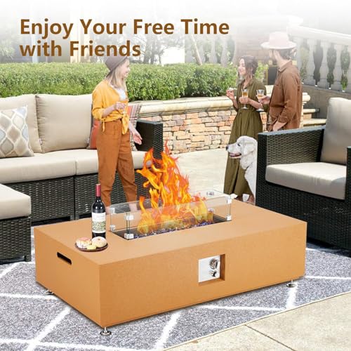 48" Outdoor Fire Pit Table,50000BTU Rectangle Propane Fire Pit with Glass Wind Guard, Lid, Rocks and Rain Cover, CSA Certified Outdoor Propane Gas Fireplace for Deck or Patio