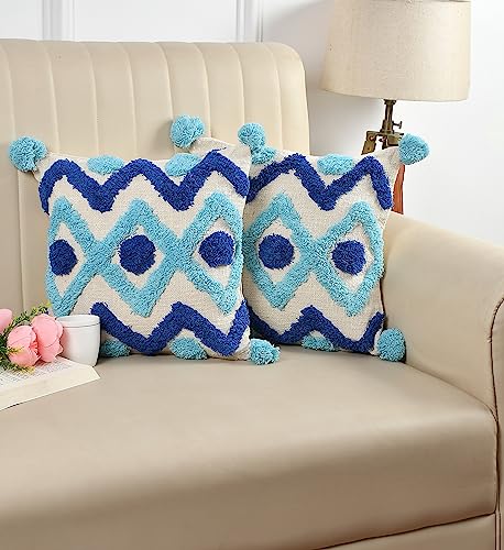 Image of TIB Premium Boho Decorative Throw Cushion Covers, 16 x 16 cm, Set of 2, Cotton. (Blue Geometric)-230 TC