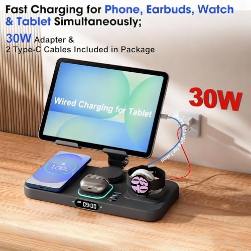 Image of 30W Tablet Wireless Charger for Samsung, Foldable Android Charging Station with Clock Display with 7-Color Light, Wireless Watch Charger for S25, Only Compatible Samsung Watch, Galaxy Buds3 Pro(Black)