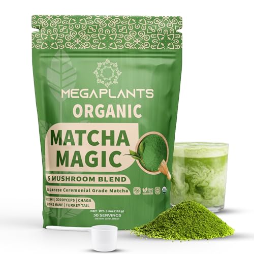 MEGAPLANTS Mushroom Matcha Magic - USDA Organic Ceremonial Grade Japanese Matcha 30 Servings - with Reishi, Lion’s Mane, Chaga, Cordyceps & Turkey Tail – Superfood for Focus & Energy. 5000mgs