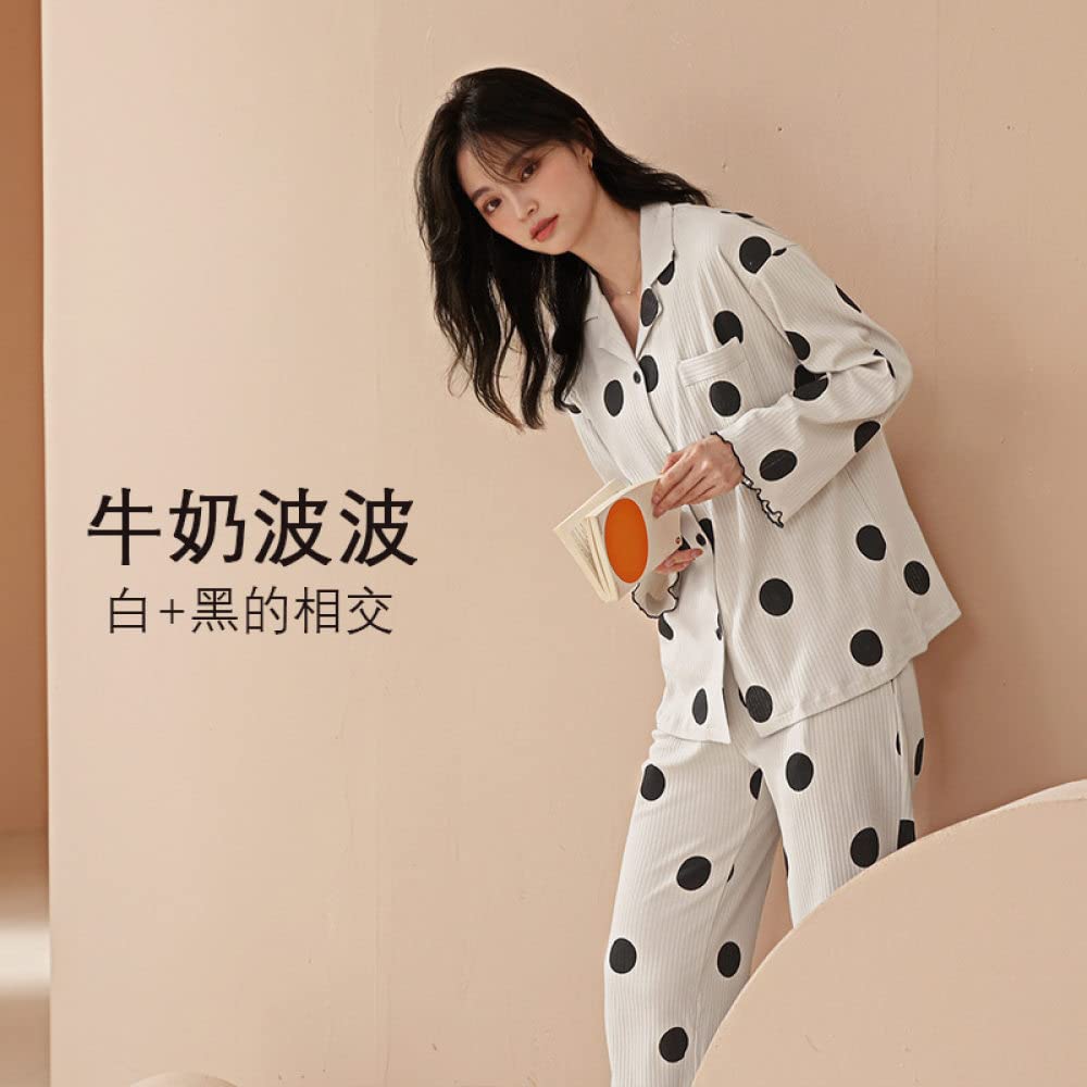 Pijamas Mujer Invierno,Conjuntos De Pijama para Mujer Vintage Beige Estampado De Lunares De Solapa De Algodón Blanco con Bolsillo Clásico Acogedor Cálido Pjs De Manga Larga Top & Amp; Conjunto De