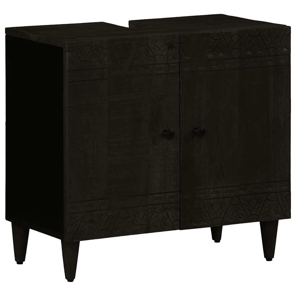Lot de 3 meubles de salle de bain en bois massif de mangue, noir, sculpté à la main, 62 x 33 x 58 cm, meuble de salle de bain durable pour un rangement élégant