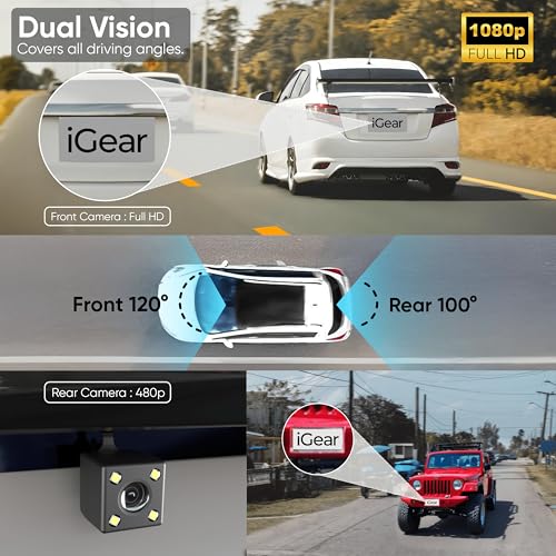 Image of iGear VueCam Full HD 1080P Car Dash Cam, Front & Rear Recording, 2.2 inch LCD, G-Sensor, Parking Mode, Motion Detection | Loop Recording, Wi-Fi App Control, Type-C, Wide Angle 140, Supports 64GB Micro SD