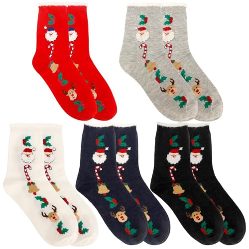 Leislam Weihnachtssocken, 5 Paar Socken Weihnachten, Warme Socken Weihnachten, Mit Weihnachtlichen Cartoon-Motiven, Geeignet Als Festliches Geschenk Für Damen Und Herren