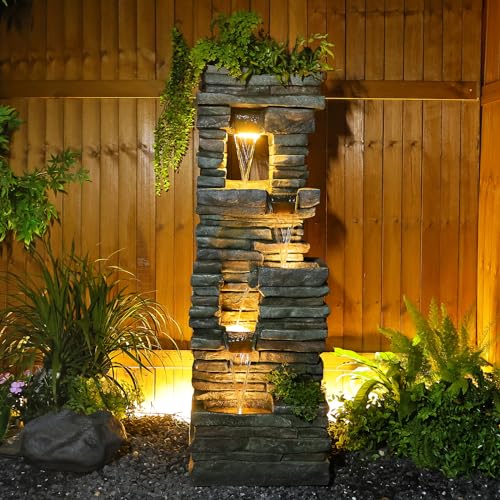 Tankana 59 inches Outdoor Water Fountain Waterfall — Large Garden Rock Fountains 4-Tiered Waterfall Outdoor with Lights, Natural Stone Look Hollow Fountain for Patio Pool Porch Backyard, Stone Gray
