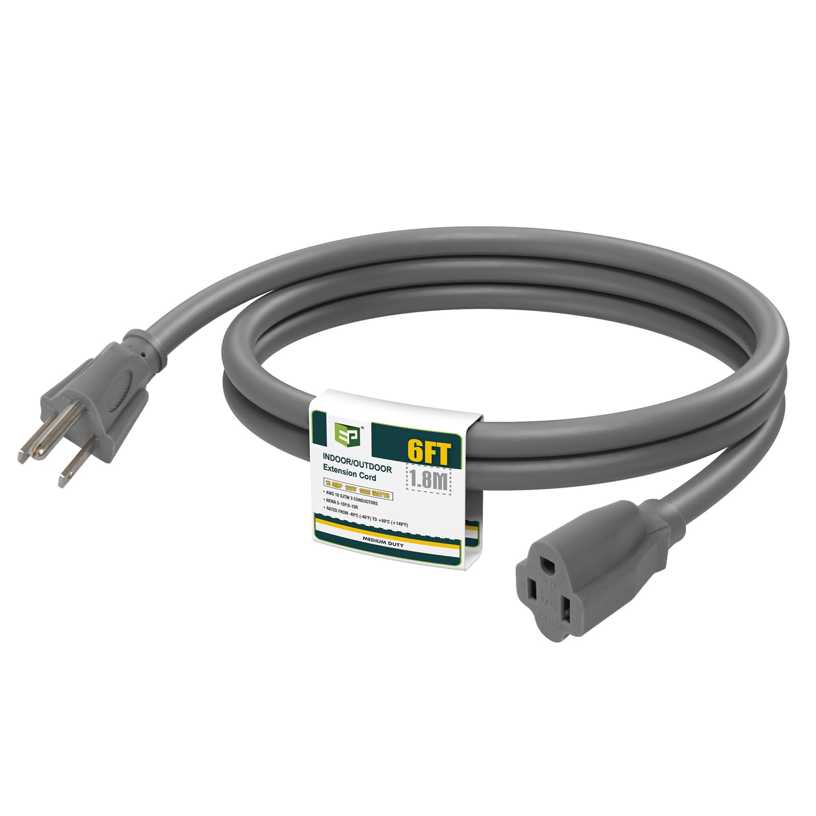 EP 6 FT Outdoor Extension Cord, 16/3 SJTW Heavy Duty Grey, ETL Listed