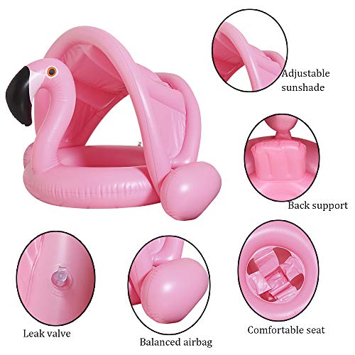Boia de flamingo para bebês com dossel inflável para natação e assento de segurança para bebês menin