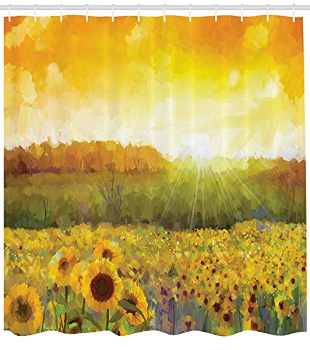 ABAKUHAUS Sunflower Shower Curtain, Landscape a Golden Yellow Field and Distant Hill Sunset Colors Agriculture - Image 2