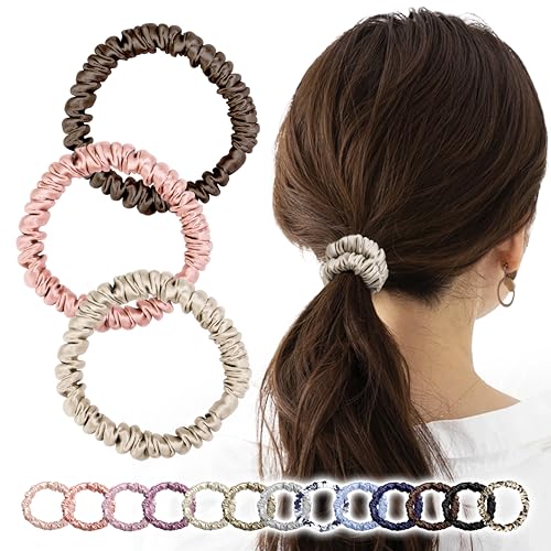 シルク ヘアゴム 【Poco'ce掲載・天然シルク100％・跡がつかない・13カラー展開】 シュシュ シルクヘアゴム 髪ゴム ゴム 跡がつかない 大人 黒 おしゃれ (B02 ブラウン×ローズベージュ×カーキベージュ)のサムネイル