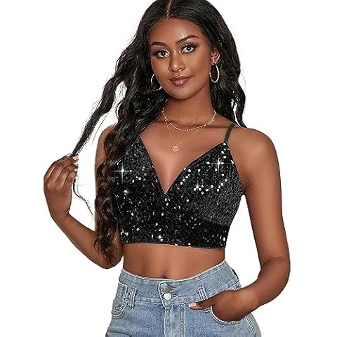 YHYJMY Women's Sexy Sequin V Neck Cami Top Rave Outfits Girls Club Party Tank Tops Vest （8623-Black-L） Cover