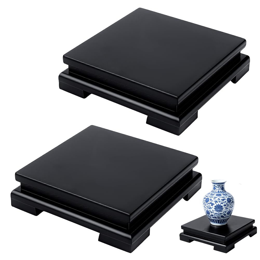 NBEADS 2 Pcs Square Wooden Display Stand Square, Wood Vase Display Base Black Pedestal Stand Vase Riser for Vases Lamp Teapot Trophy Collectibles Home Decor, 180x180x50mm