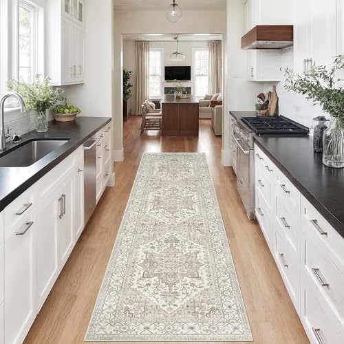 Madane Runner Rug 2x8, Washable Hallway Runner Rugs, Non-Slip Low-Pile Soft Kitchen Rug Runner Laundry Room Rug, Vintage Throw Entry Foyer Mat for Entrance Living Room (Beige/Brown, 2 x 8)