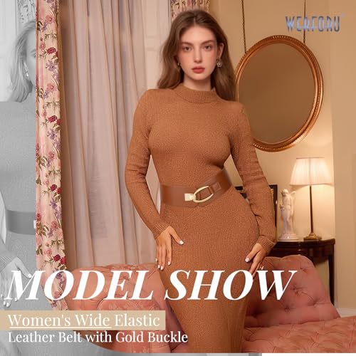 WERFORU Women Wide Elastic Belt Women Fashion Wide Belt with Gold Buckle Ladie Thick Waistbelt for Dresses,Silver,C-Brown,39.4" Length, Fit Waist Size 26"-30"3