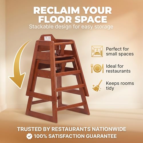 Image of Mahogany Wooden Restaurant High Chair - Stackable Rubberwood Dining Chair with Safety Bar, Easy-Clean Finish, Commercial Restaurant Seating