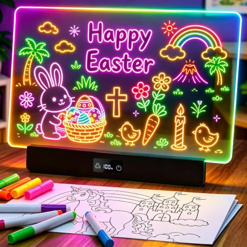 Pizarra LED Recargable para Niños， Pizarra Niños con 8 Colores Estáticos y 6 Modos Dinámicos, con Soporte Oculto, Incluye 6 Rotuladores y Papel de Calco, para 3 a 12 Años