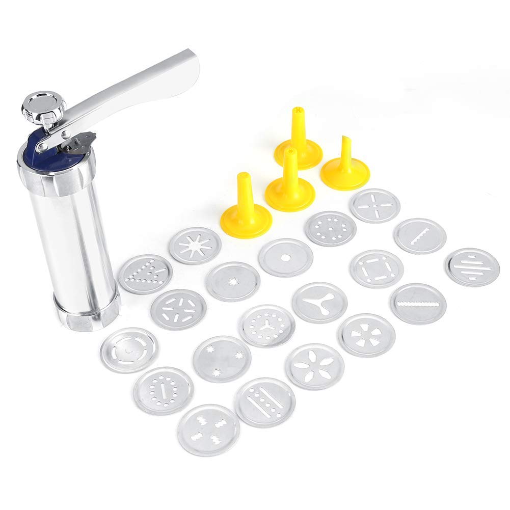 Cookie Press, Stainless Steel Churro Maker Machine with 20 Decorative Molds and 4 Nozzles for DIY Biscuit Maker 8.27 x 6.10in