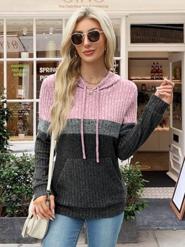 MixShe Women’s Color Block Knit Hoodie – Casual Long Sleeve Pullover Sweater Tops with Pocket