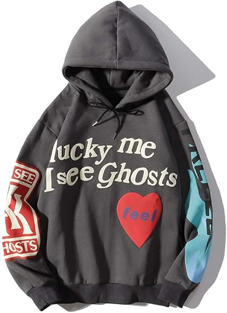 YQLKD Trendy Men's Lucky Me I See Ghosts Sweatshirts Kanye Hip Hop Mens Pullover Hoodie Fashion Sweatshirt for Men Women Teens, Grey, L