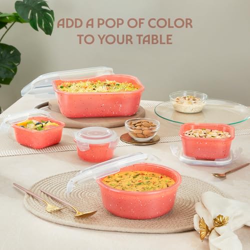 Image of Borosil 240 ml Kube Pink Food Storage Container with Air Tight Lid | Round Shape Borosilicate Glass Organiser | Microwave & Dishwasher Safe | For Fridge, Kitchen Storage