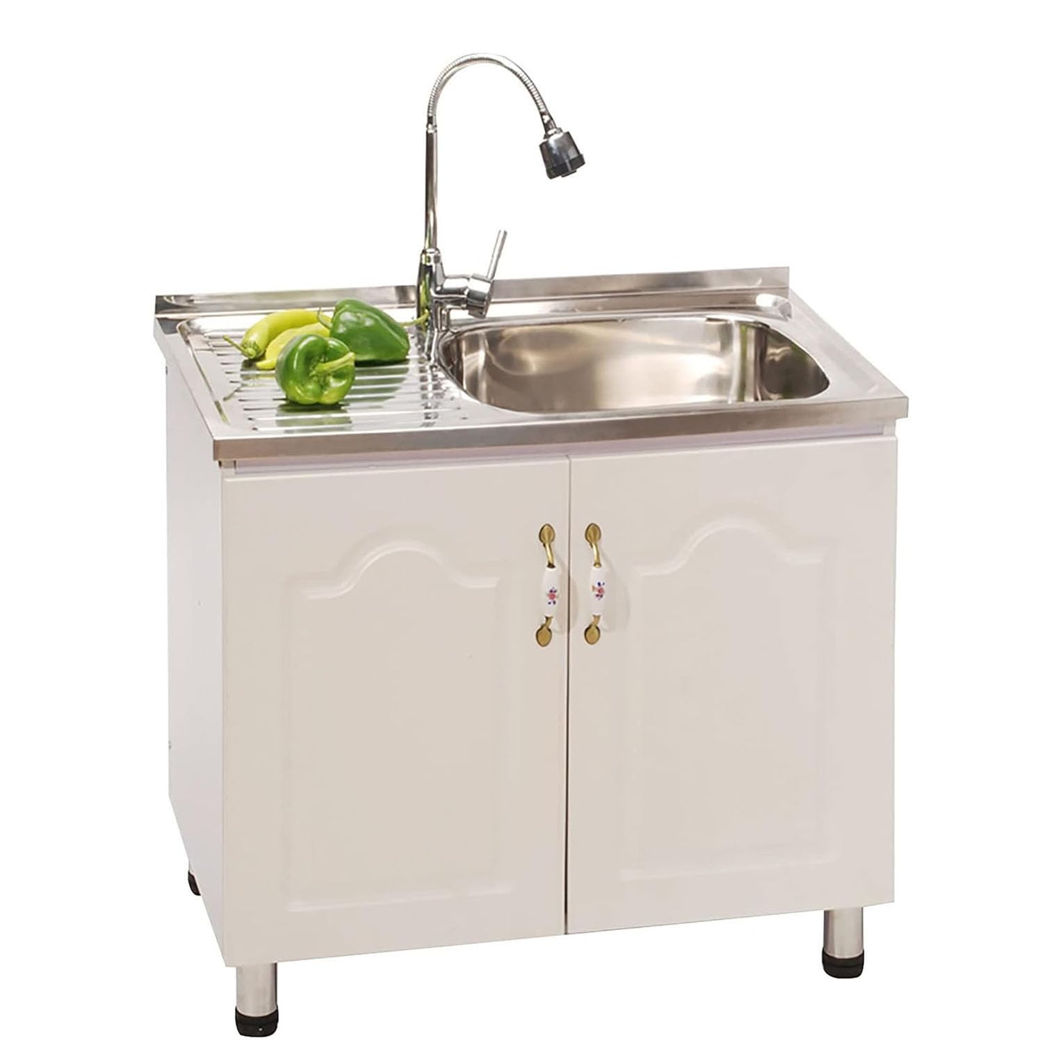 OWOHYG Stainless Steel Commercial Kitchen Sink With Faucet And Cupboard Freestanding Utility Sink With Workbench And Drainer Unit Ideal For Indoor Outdoor Restaurant Use.Left-L