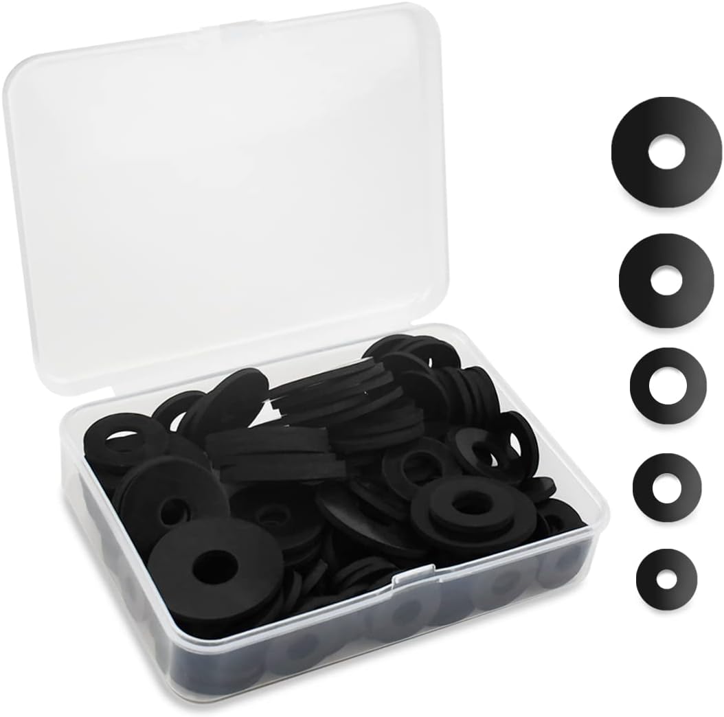 Yuntop 100 Pcs Black Flat Rubber Washers Assortment Kit, 5 Sizes (16/18/20/25/30mm), Heavy Duty, Vibration Damping Pads for Shower Head, Garden Faucet, Plumbing, Repair