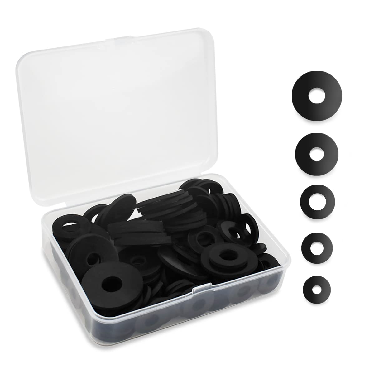 100 Pcs Black Flat Rubber Washers Assortment Kit, 16/18/20/25/30mm